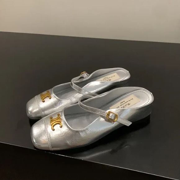 Celine Silver Mary Jane Shoes with Gold Accents - Picture 2 of 5